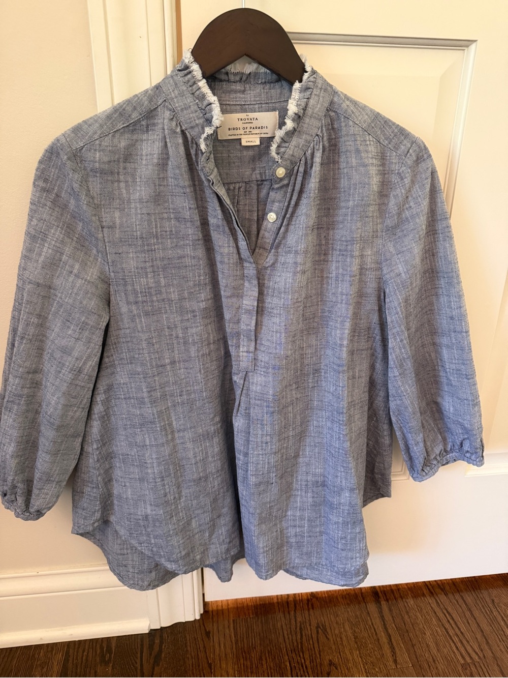 Trovata Blue Linen Ruffle Collar Blouse